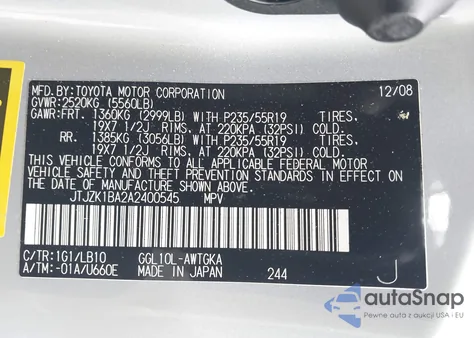 2010 Lexus Rx 350 from USA, damaged, VIN JTJZK1BA2A2400545